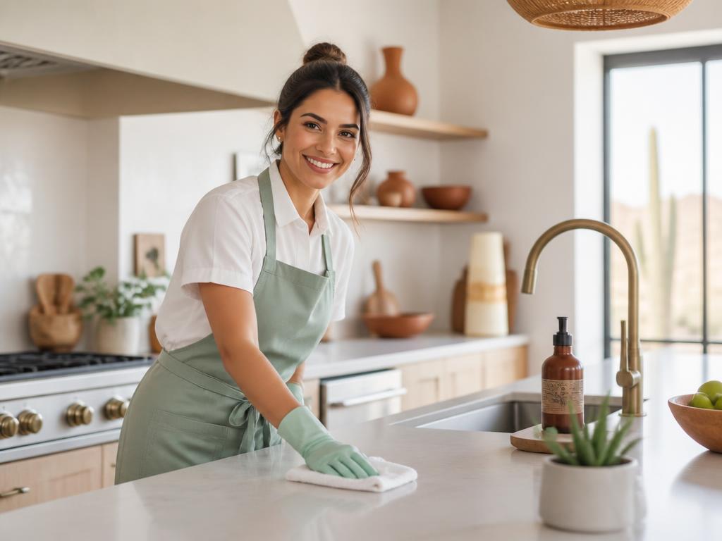 Professional cleaner tidying a modern kitchen